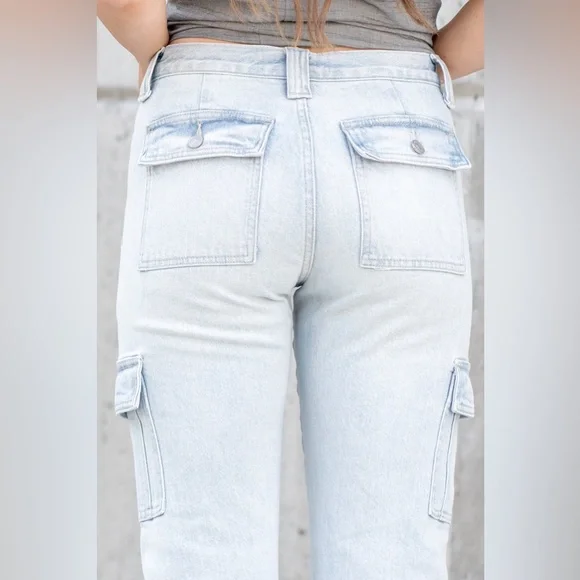 KanCan Winston High Rise Cargo Slim Straight Light Wash Raw Hem Jeans Size 24 - Picture 9 of 10